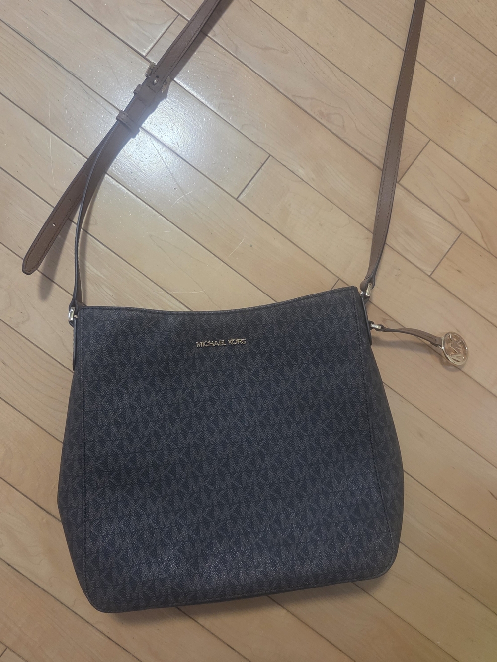 Michael Kors Dark Brown MK Signature Crossbody Bag with Gold Hardware